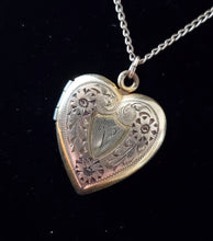 Load image into Gallery viewer, Antique Floral Engraved 12k Gold-Filled Victorian Heart Locket Necklace with V Monogram (VN126)
