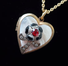 Load image into Gallery viewer, Vintage Gold-Filled Heart Locket Necklace with Mother of Pearl &amp; 3D Flower
