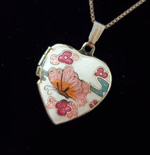Load image into Gallery viewer, Vintage Cloisonne Butterfly Heart Locket Necklace 
